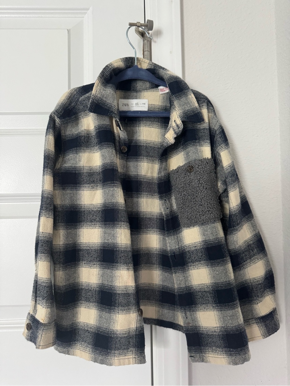 Zara Navy and Cream Plaid Sherpa Pocket Jacket